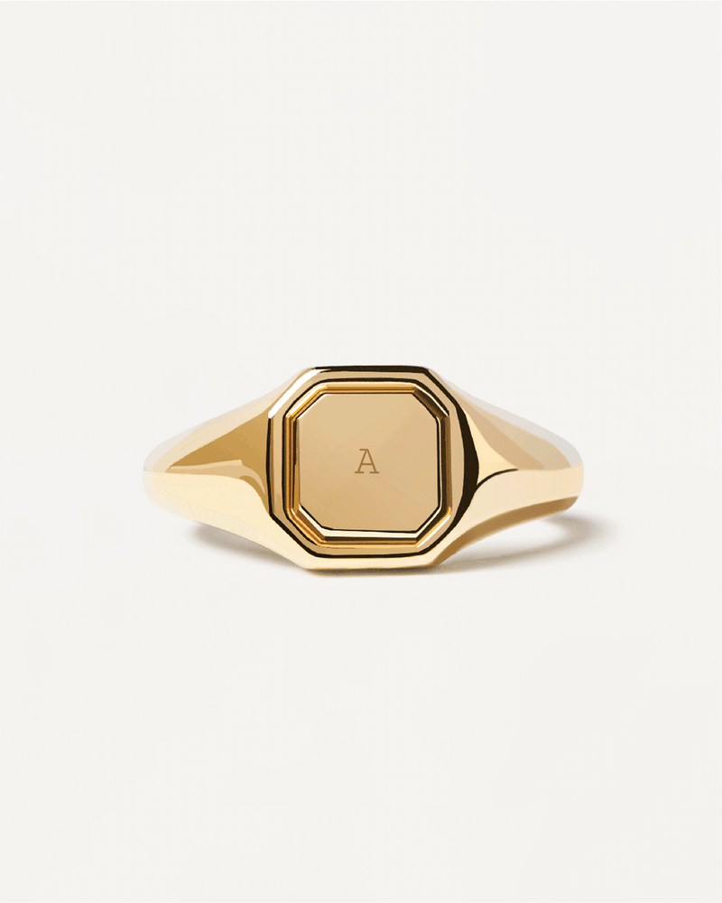 Engravable octagonal gold-plated signet ring