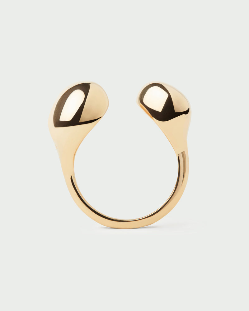 Gold-plated sculptural open ring with two organic drops
