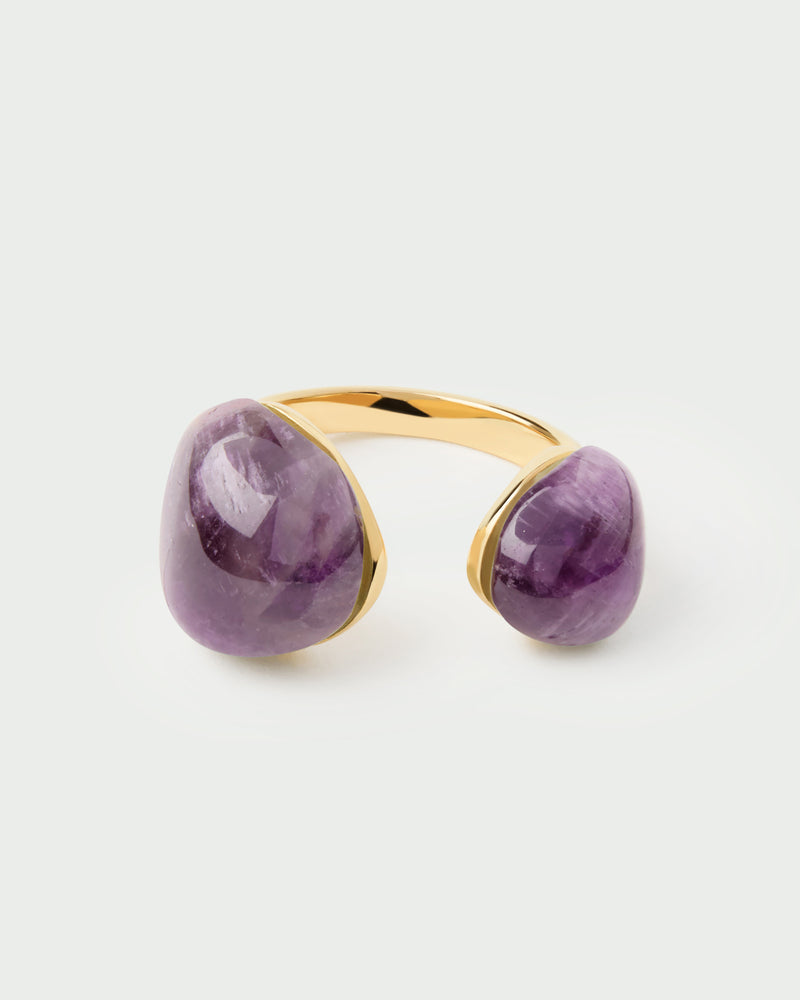 Gold-plated sculptural open ring embellished with two organic purple gemstones