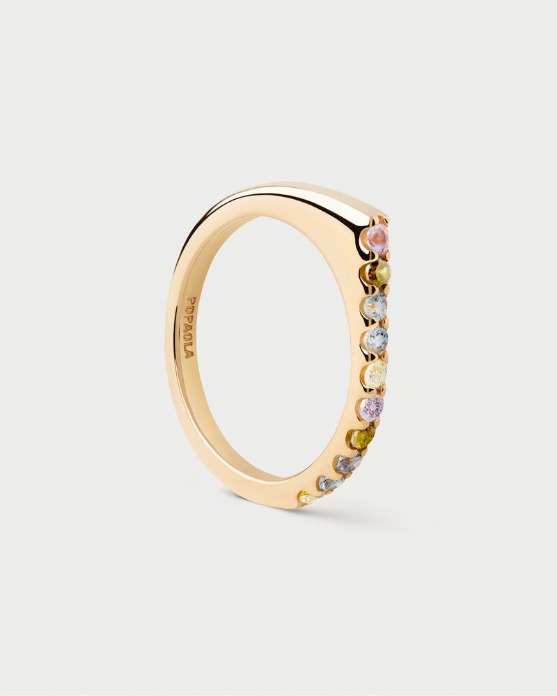 Geometric ring set with a trail of colorful zirconia