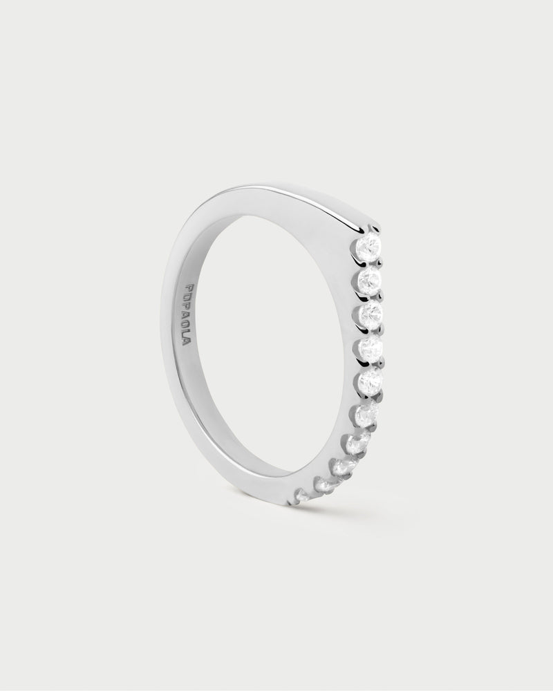 Silver geometric ring set with a trail of white zirconia