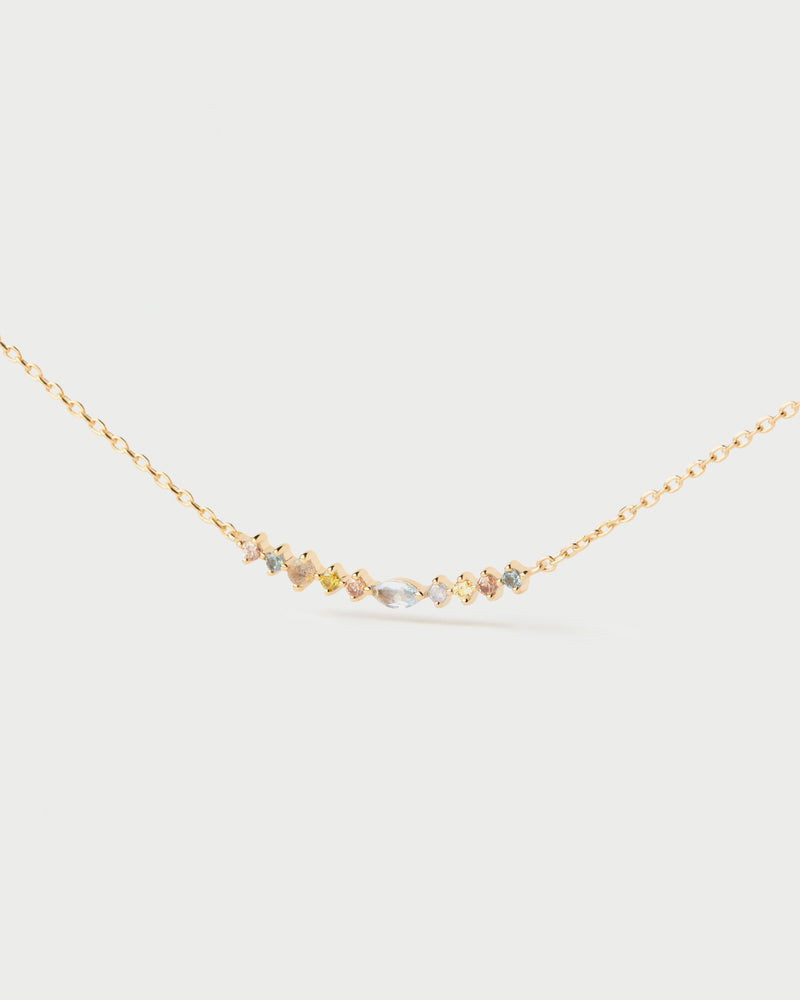 Gold-plated chain necklace set with multicolor zirconia that graduate in size and shape