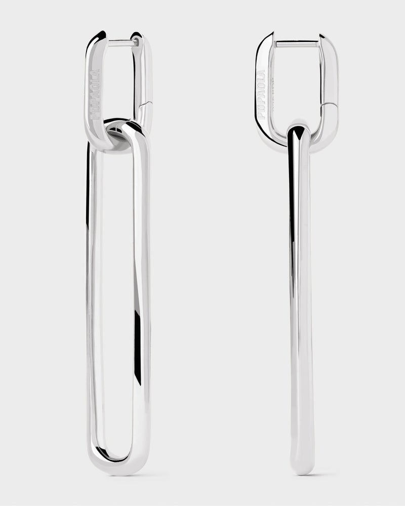 Silver geometric oval drop earrings with removable interlinking paperclip chain