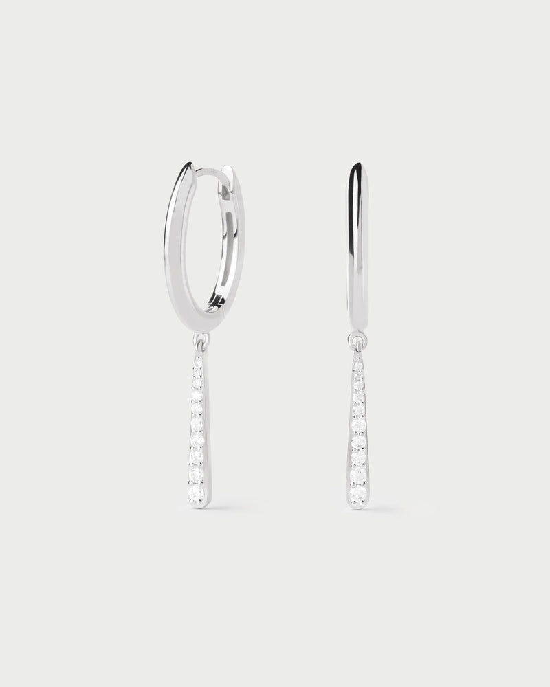 Dainty silver oval hoop earrings with zirconia drop pendant