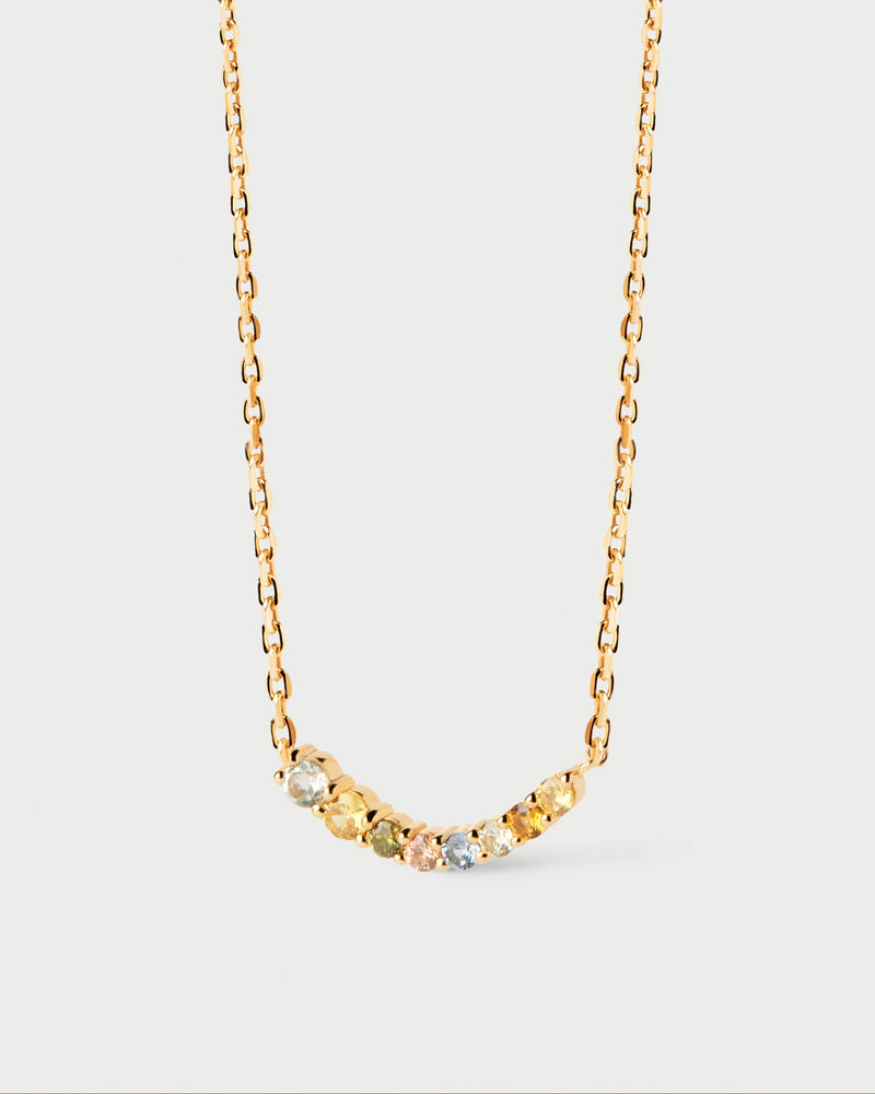 Gold-plated dainty necklace with a wavy set of multicolor cubic zirconias