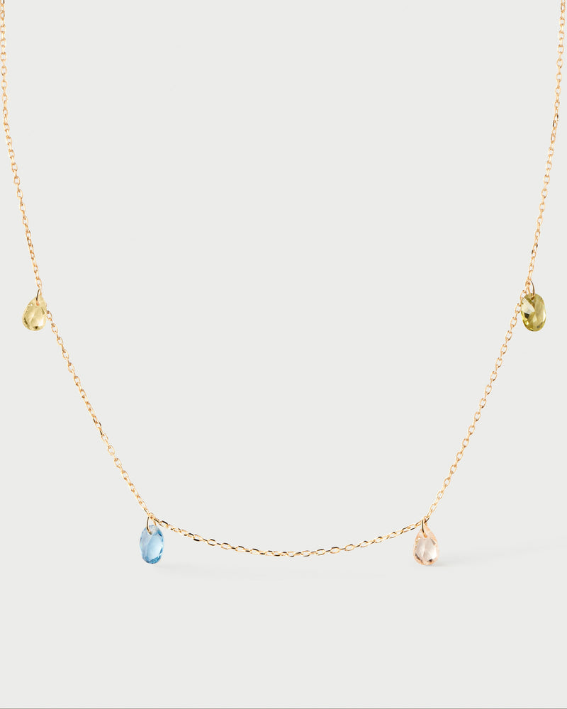 Gold-plated chain necklace with four multicolor zirconia drop pendants