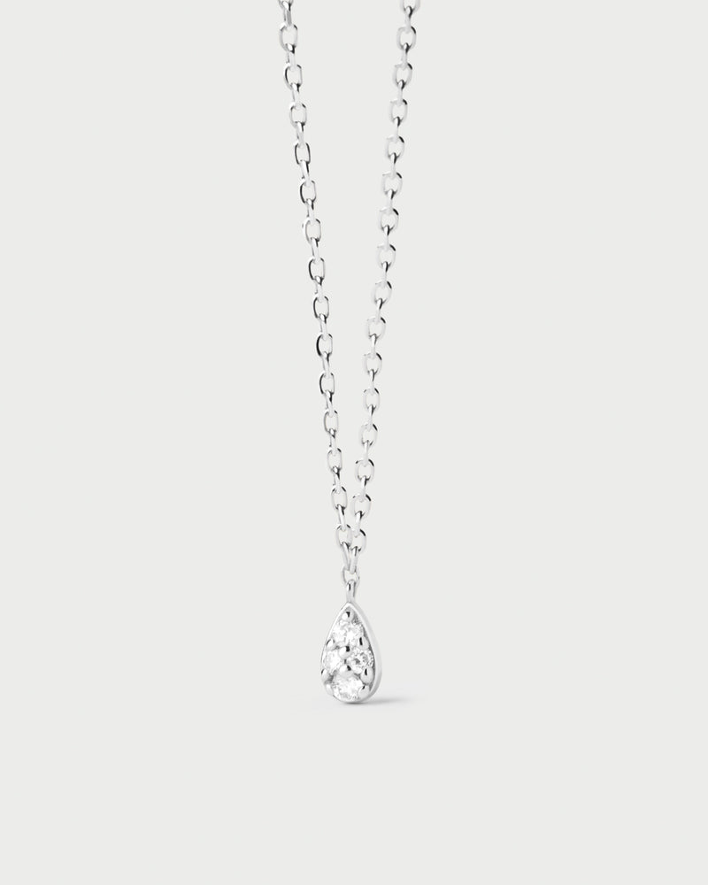 18K white gold minimal solitary chain necklace with a pavé lab-grown diamond drop pendant