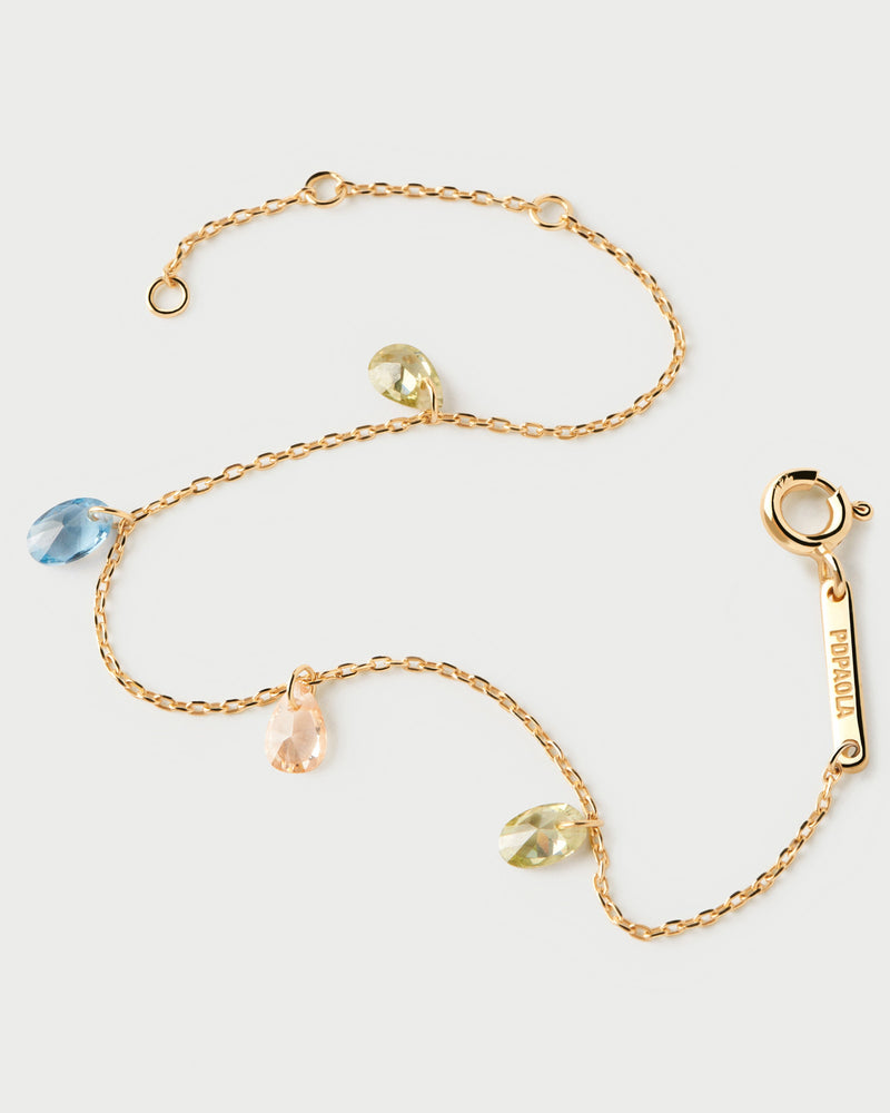 Gold-plated dainty bracelet with four multicolor zirconia drop pendants