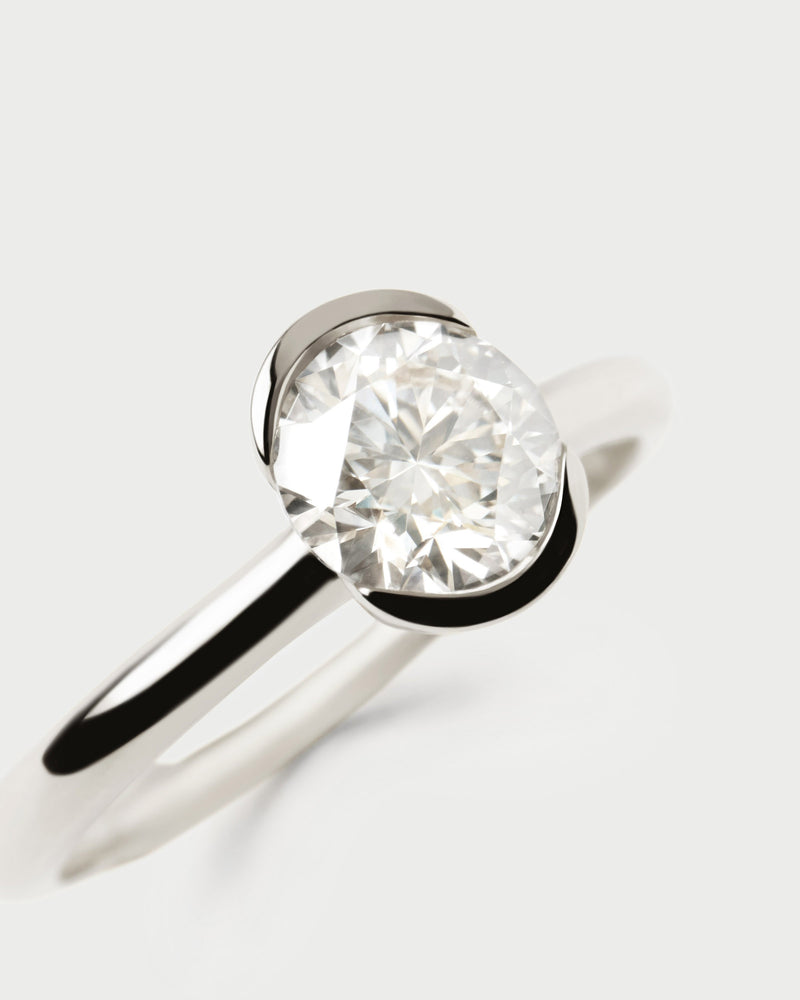 White gold solitary ring with a large round half-bezel lab-grown diamond