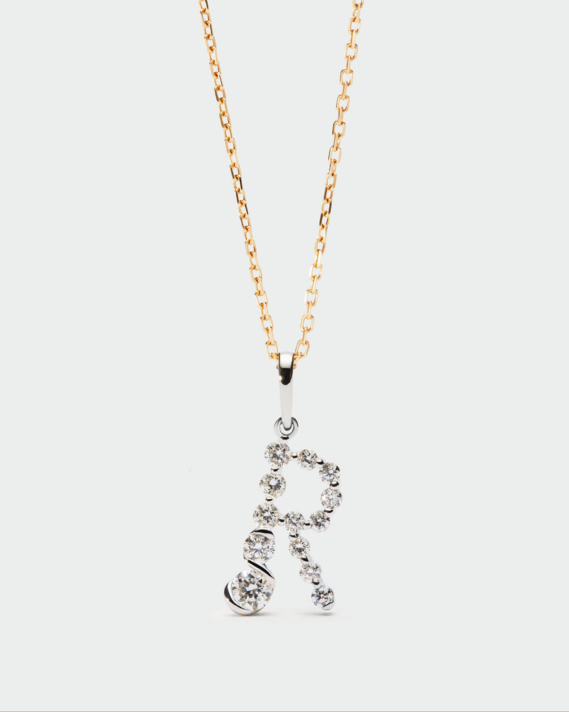 Diamonds and white gold R initial pendant - 
  
    18K White gold / Rhodium silver plating
  
