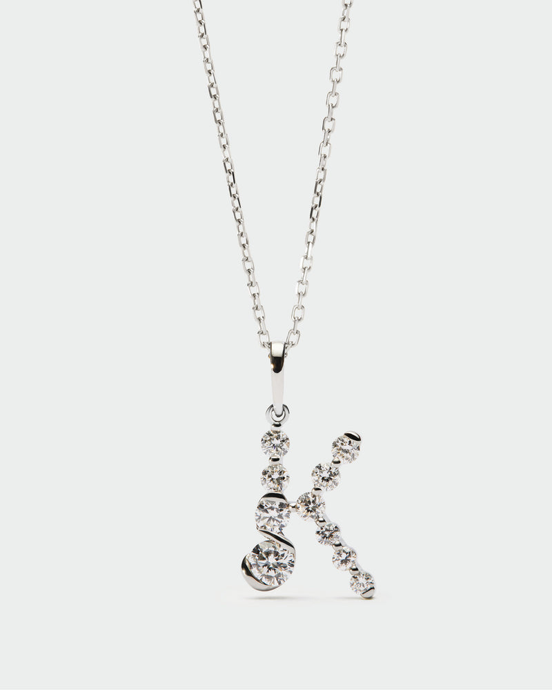 Diamonds and white gold K initial pendant - 
  
    18K White gold / Rhodium silver plating
  
