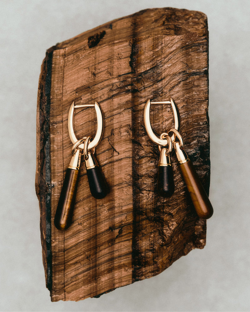 Gold-plated single hoop with a brown gemstone drop pendant