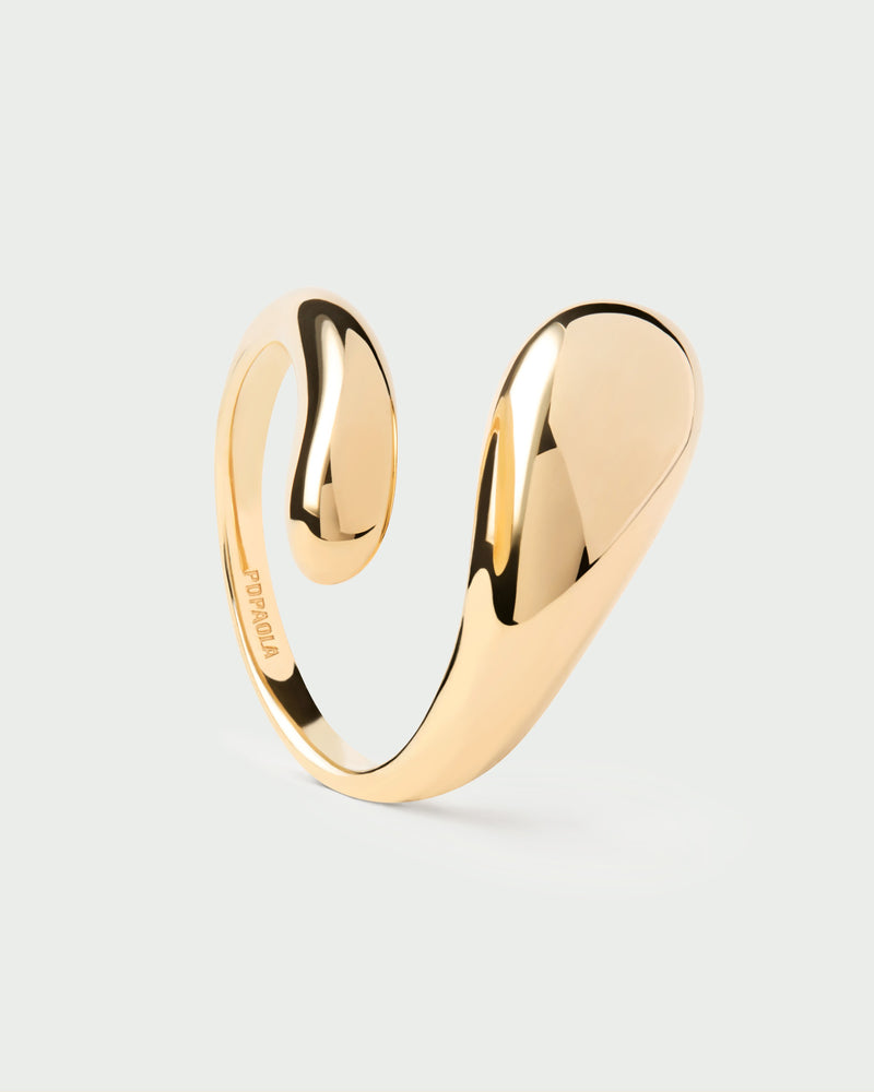 Gold-plated sculptural bypass ring with an eloganted drop shape