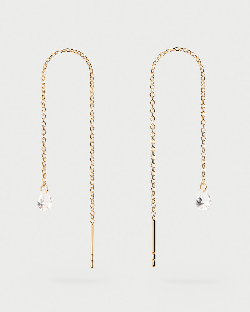 Long delicate earrings in gold-plated silver with drop zirconia pendant