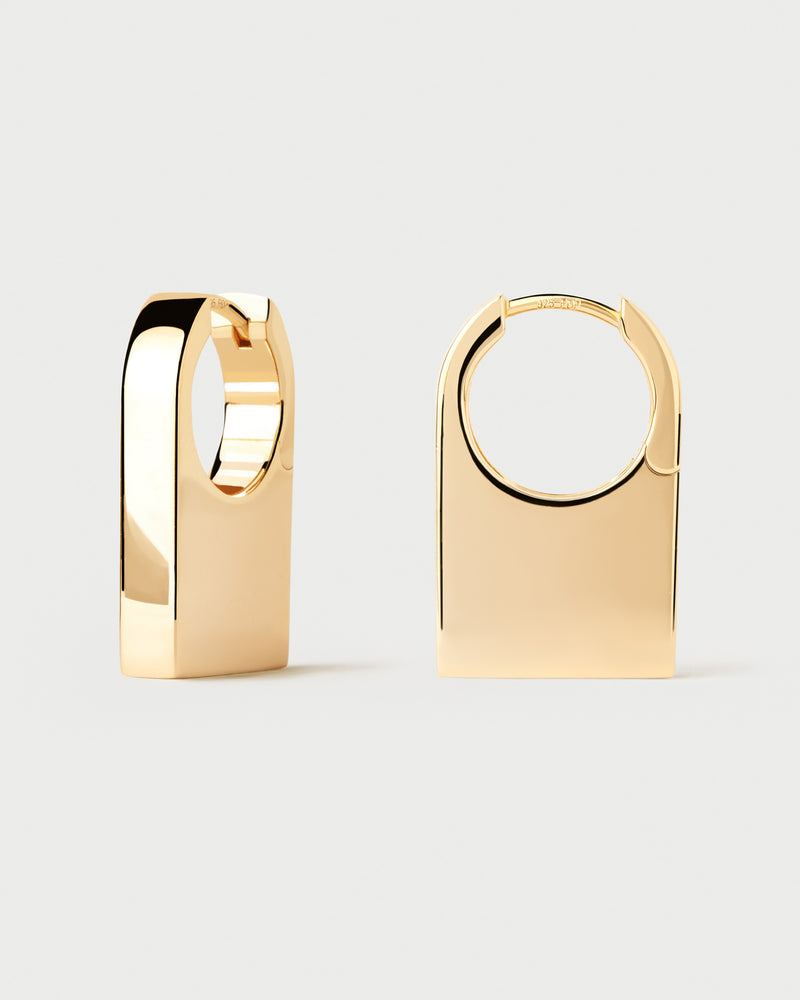 Gold-plated distinctive geometric hoop earrings with an elongated square shape