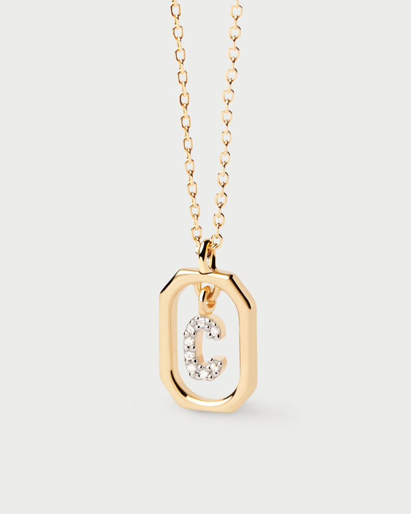 Small initial C necklace in zirconia inside gold-plated silver octagonal pendant
