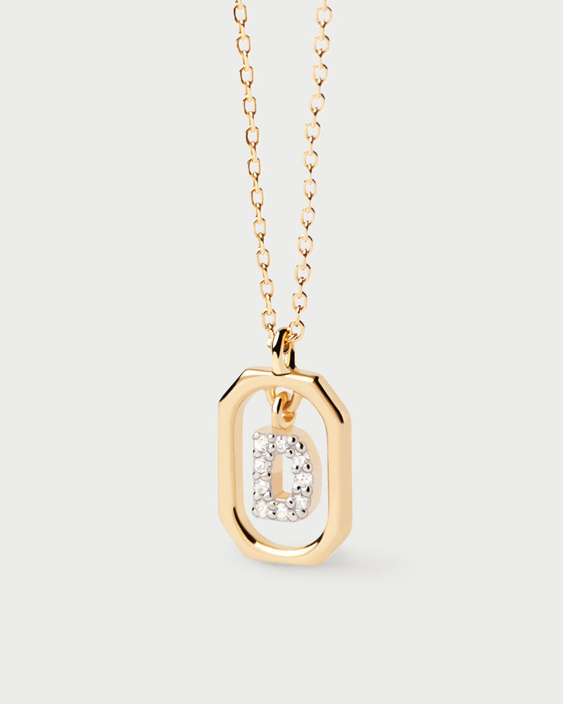 Small initial D necklace in zirconia inside gold-plated silver octagonal pendant