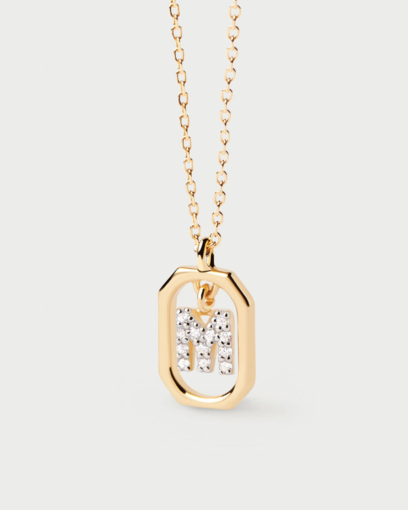 Small initial M necklace in zirconia inside gold-plated silver octagonal pendant