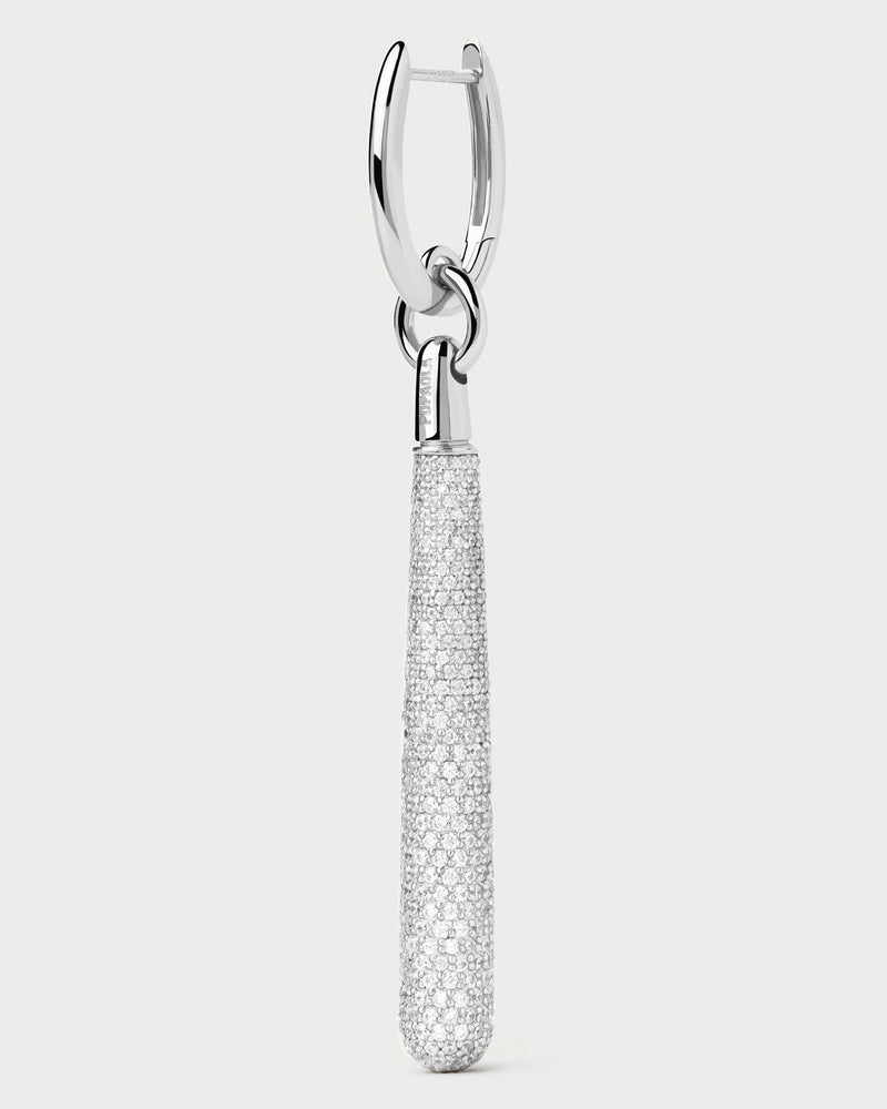 Silver single hoop with a long pavé zirconia drop pendant